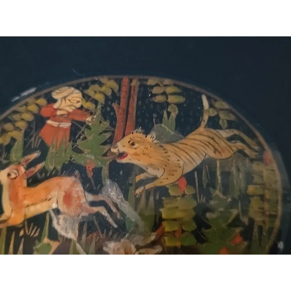 Vintage Paper Mache Box Deer Rabbit Hunting Kashmir India‎ Hand Painted 3